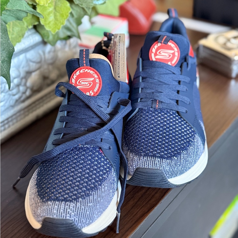 Skechers Navy and Red Lace-Up Comfort Sneakers - Picture 2 of 9